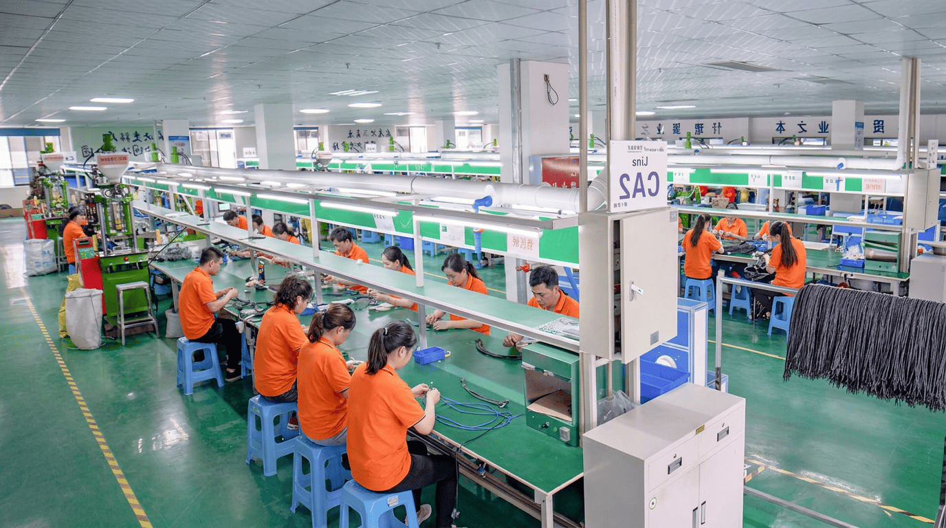 Inside EDOM wire harness manufacturing workshop -- production lines and assembly stations