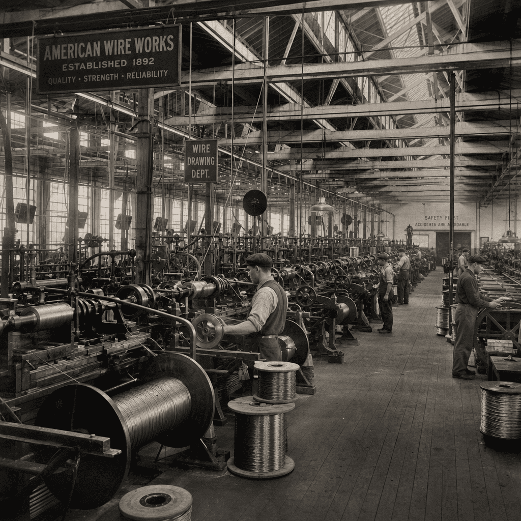 Historical wire manufacturing plant Vintage manufacturing facility with old wire production equipment