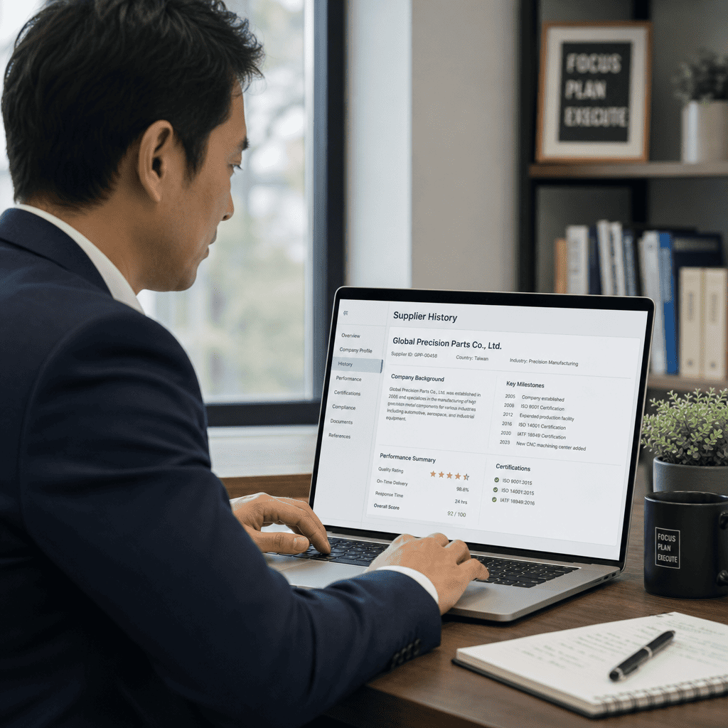 Supplier research process Business professional researching supplier history on laptop