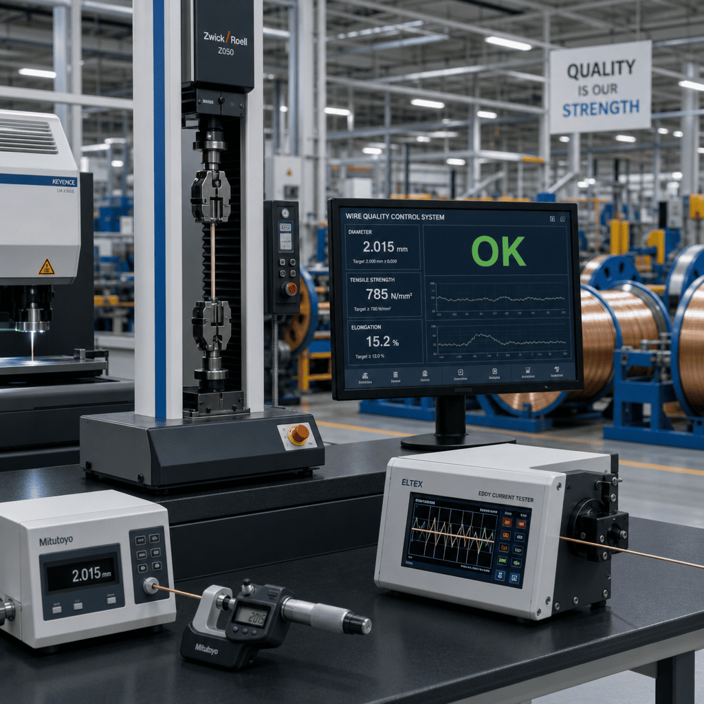 Contemporary wire harness quality testing Modern quality control testing equipment in wire manufacturing facility