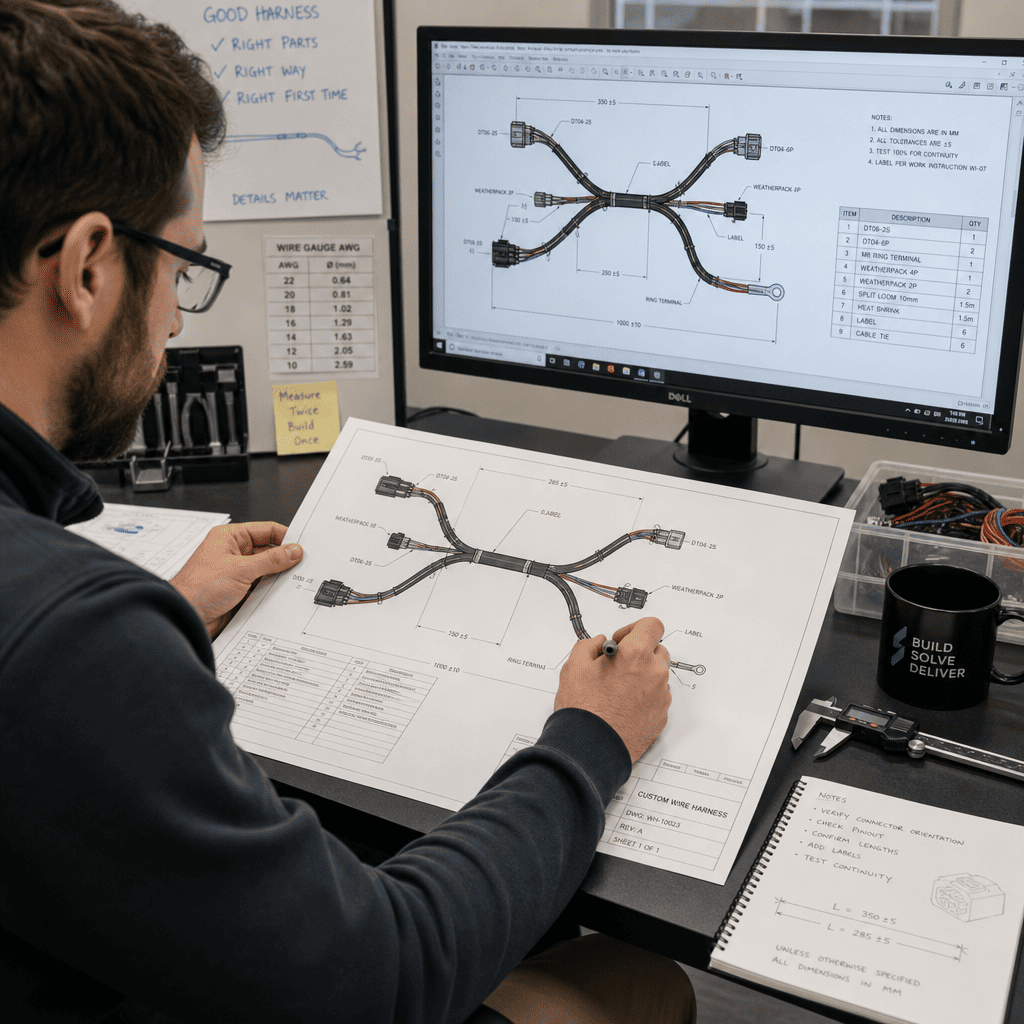 Custom wire harness engineering consultation Engineer reviewing technical drawings for custom wire harness design