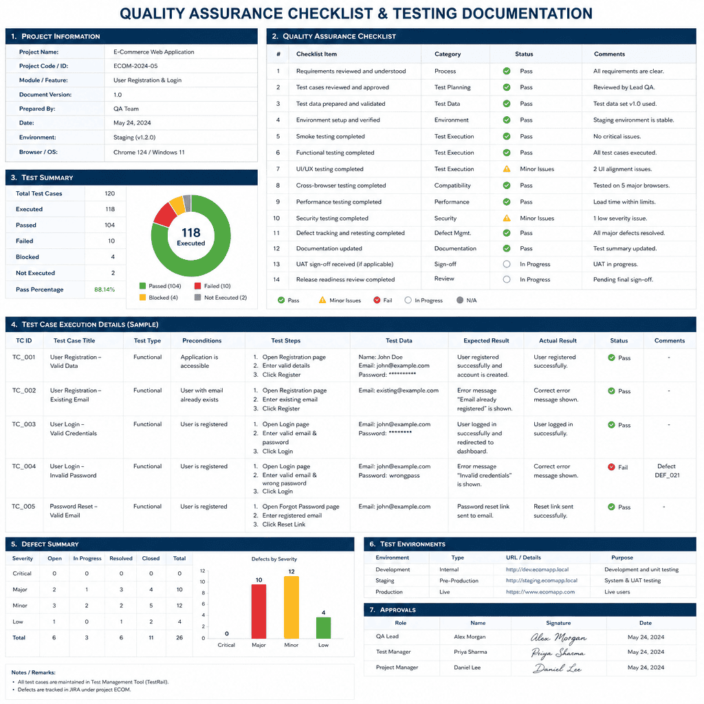 Supplier evaluation documentation Quality assurance checklist and testing documentation