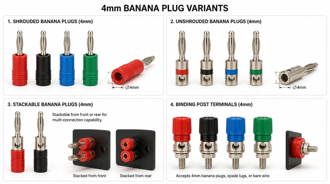 4mm banana plug variants including shrouded, unshrouded, stackable, and binding post terminals