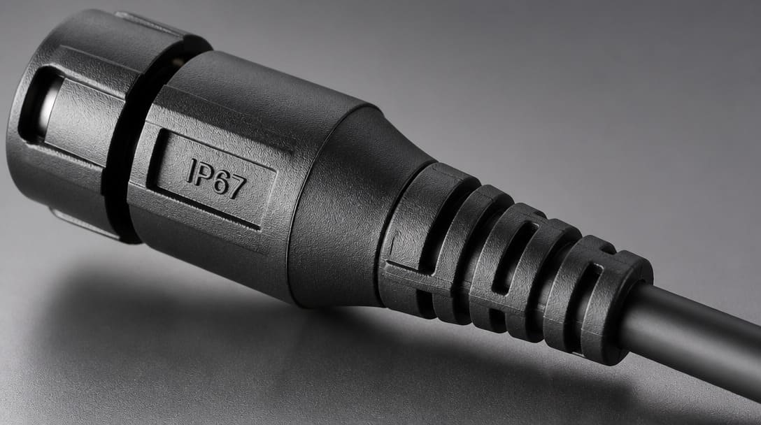 A TPE overmolded connector with a flexible strain-relief boot at the cable transition