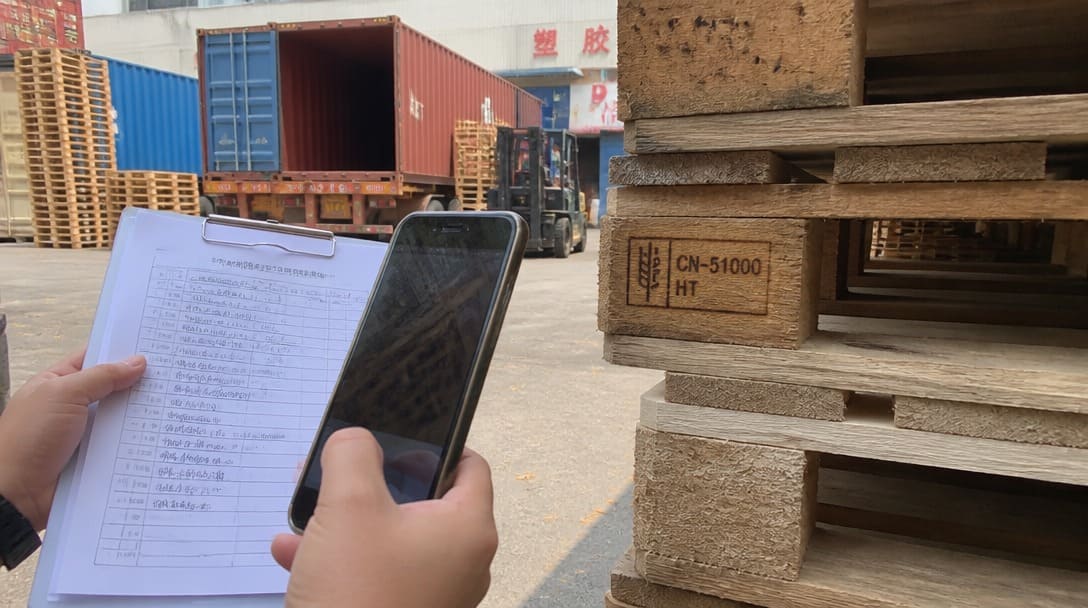 A factory inspector using a smartphone to capture and verify the ISPM 15 IPPC mark on wooden pallets at a Shenzhen loading dock before shipment.
