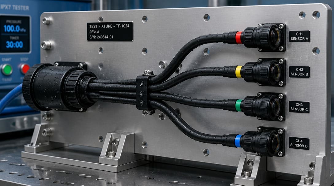 A multi-branch waterproof cable assembly mounted on an industrial test fixture