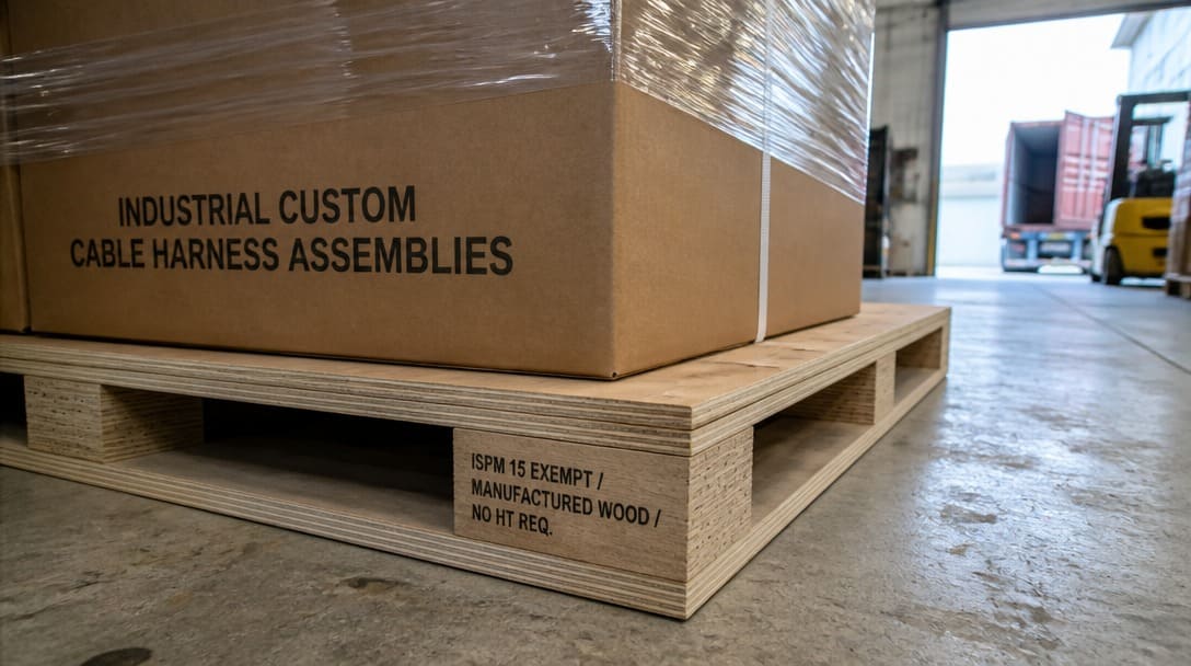 A plywood pallet laden with custom cable harnesses, exempt from ISPM 15 requirements, displaying a manufactured wood exemption stencil on the side.