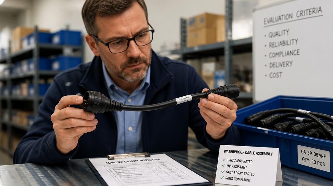 A procurement manager inspecting a waterproof cable assembly