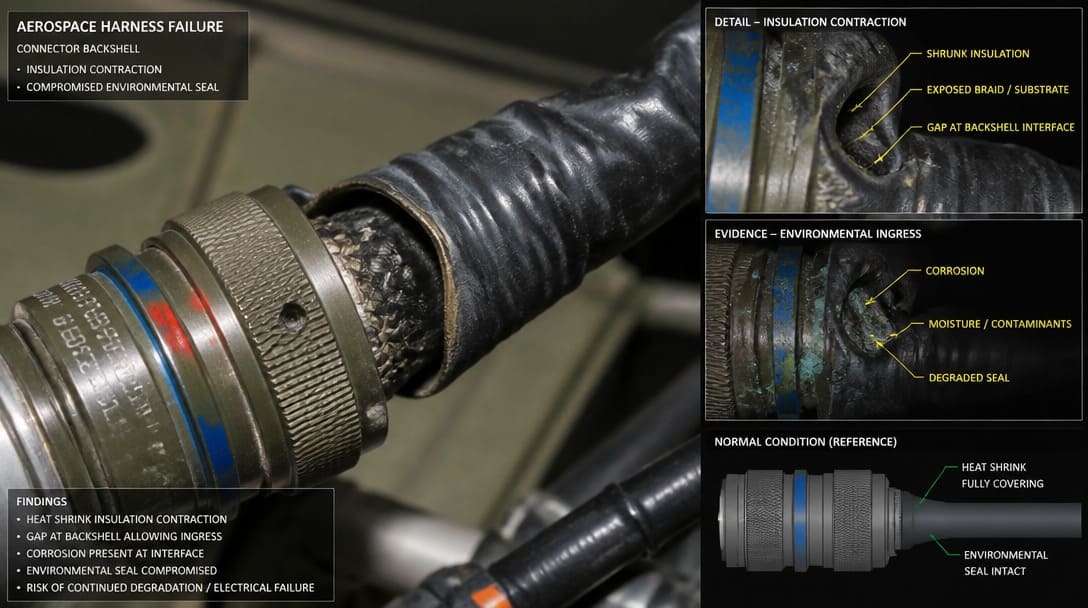 Aerospace harness failure at a connector backshell showing insulation contraction and compromised environmental seal