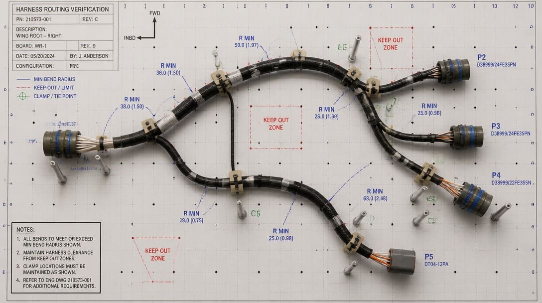 Aerospace wire harness undergoing routing verification on a form board with marked bend radii and clamp positions