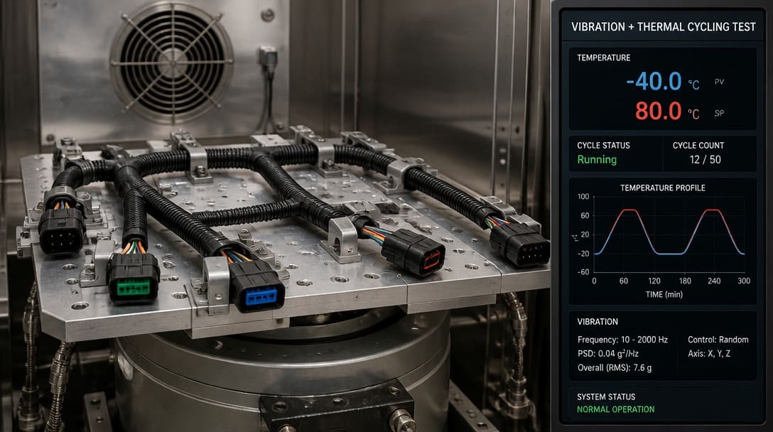 Agricultural wiring harness undergoing combined vibration and thermal cycling test in laboratory chamber