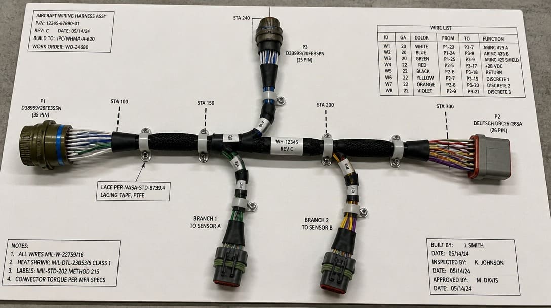 Aircraft wire harness assembly with labeled conductors, heat-shrink, and multi-pin connectors on a formboard