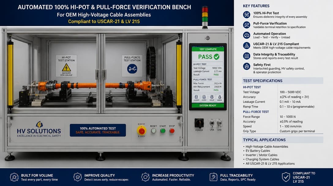 Automated 100% Hi-Pot and pull-force verification bench for OEM high-voltage cable assemblies complying with USCAR-21 and LV 215 standards