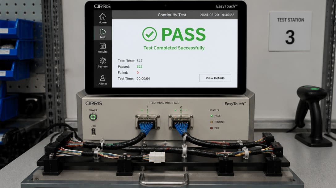 Automated continuity test station with harness connected and pass/fail screen