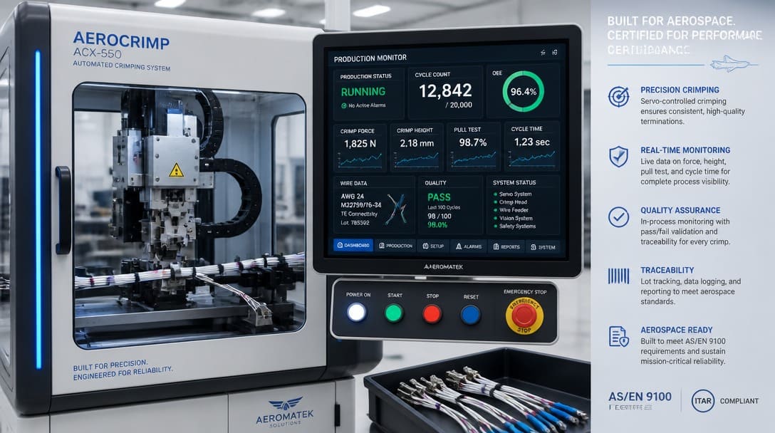Automated crimping machine with digital monitoring display for aerospace wire harness production
