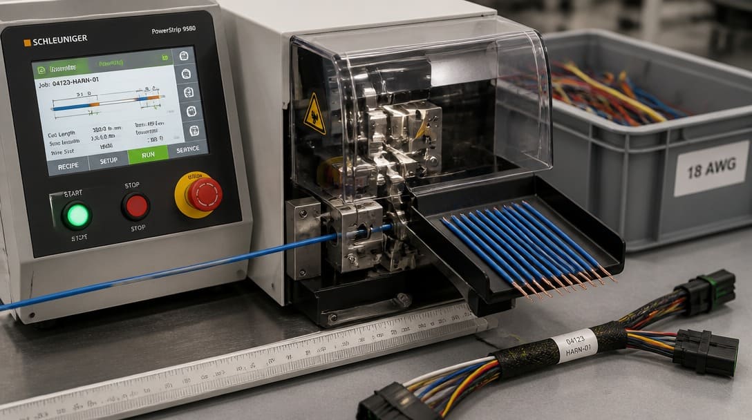 Automated wire cutting and stripping machine preparing conductors for a harness run