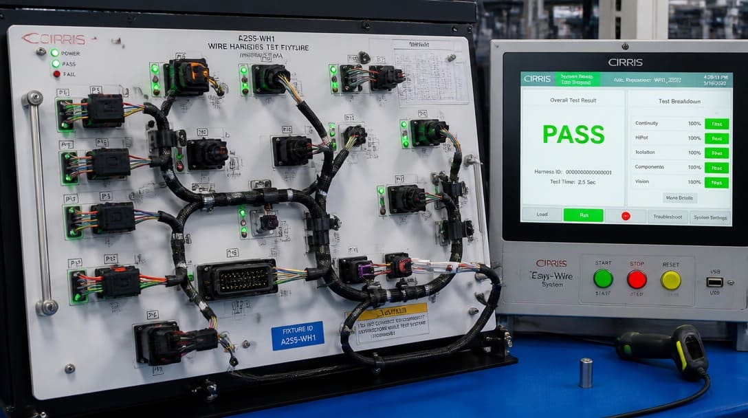 Automated wire harness continuity and high-voltage Hipot test fixture with computerized LED pinout indicators