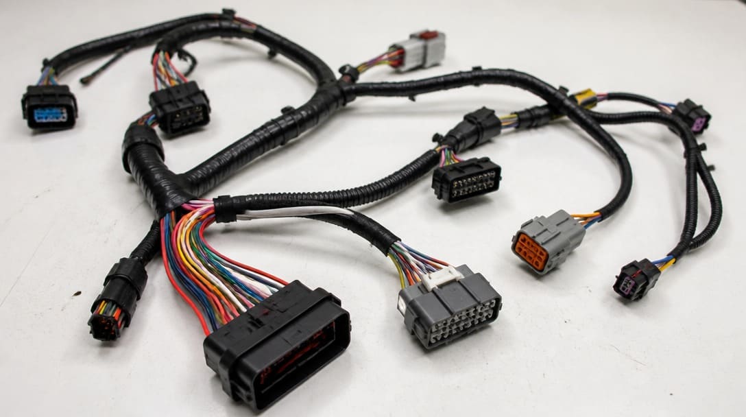 Automotive wiring harness with colorful wires and connectors on white workbench