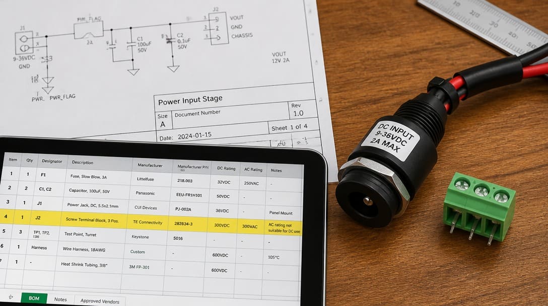 BOM review showing AC-rated terminal block substitution compared to DC-rated barrel connector