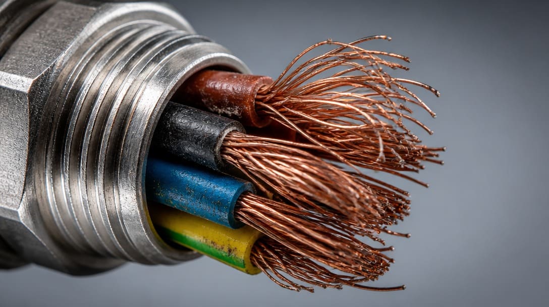 Birdcaged wire strands flaring at a backshell exit on a failed harness