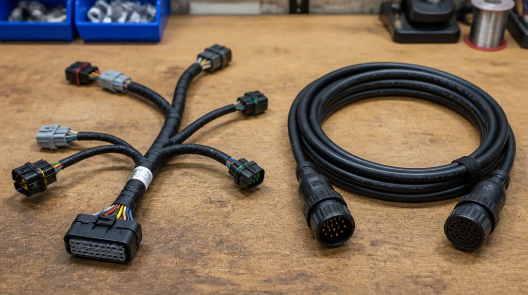Branched wiring harness and jacketed cable assembly side-by-side on workbench