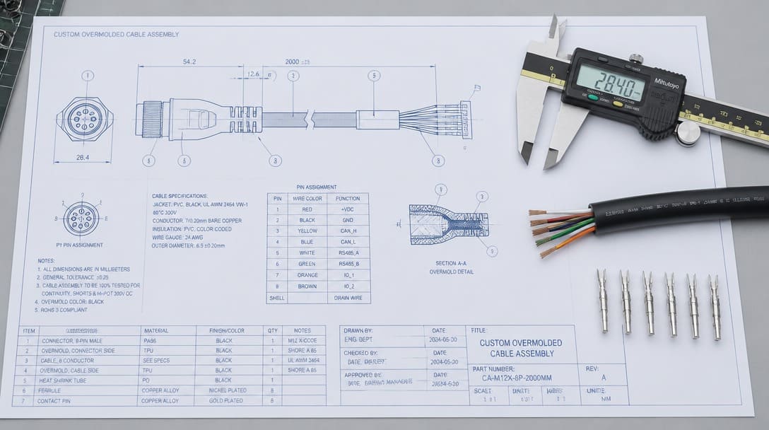 Cable assembly specification checklist fields including conductor, connector, compliance, and packaging requirements