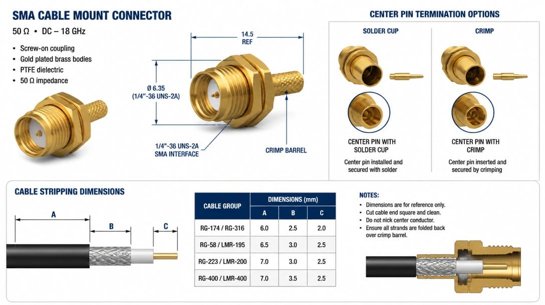 Cable mount SMA connector showing solder cup and crimp center pin termination options with cable stripping dimensions