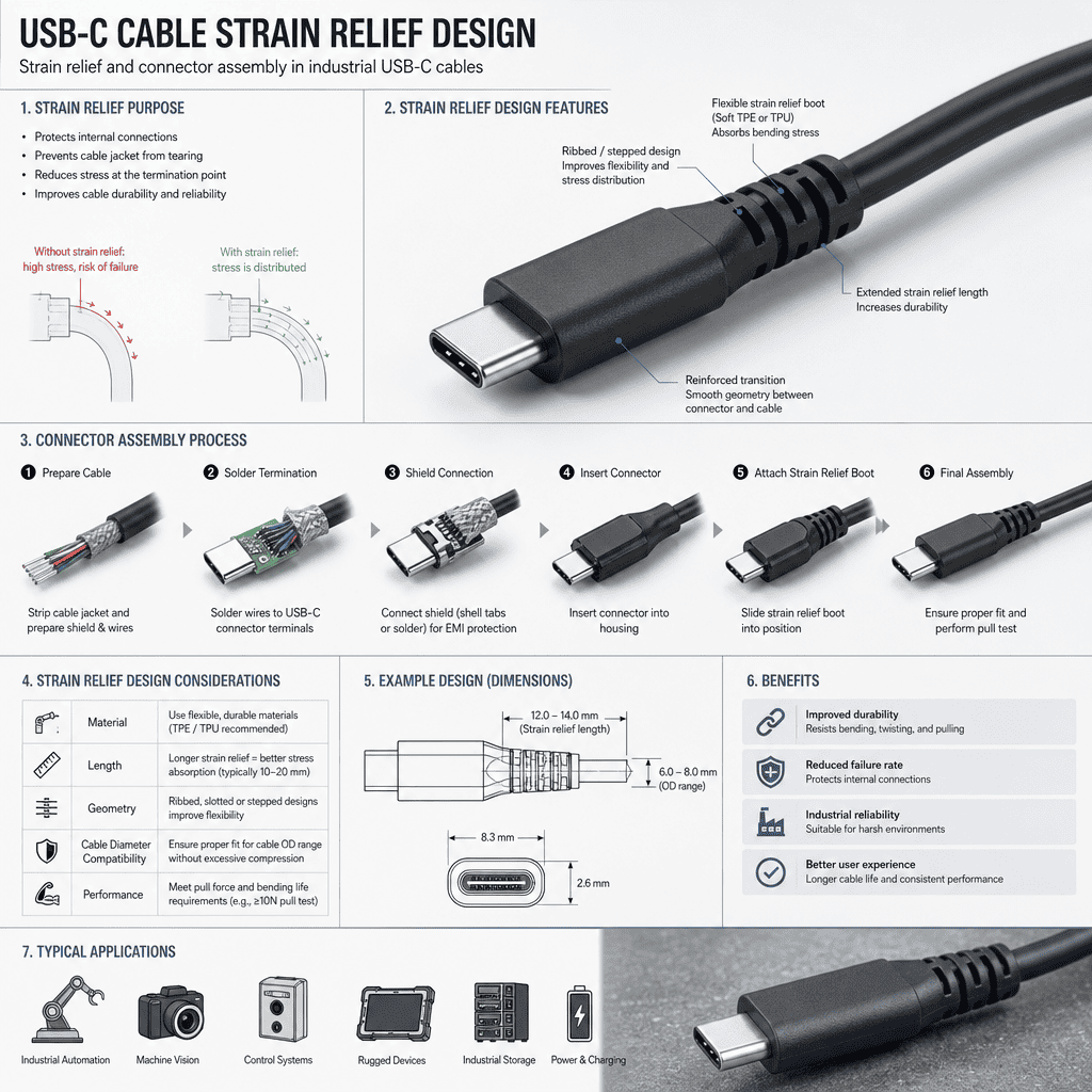 Strain relief and connector assembly in industrial USB-C cables Cable strain relief design