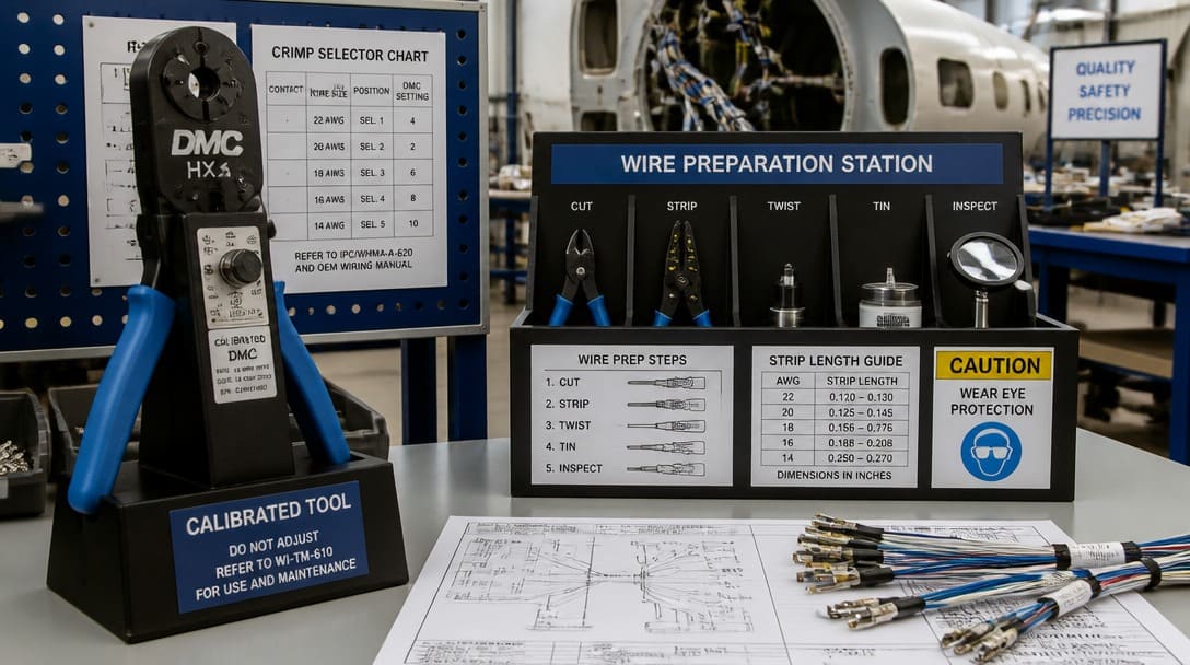 Calibrated crimping tool and wire preparation station in an aircraft harness workshop