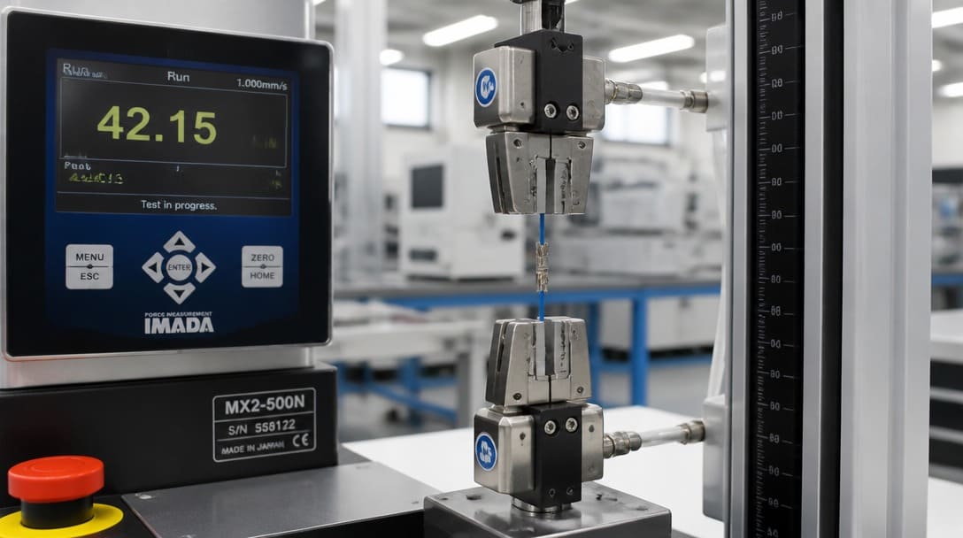 Calibrated pull force tester applying axial load to a crimped terminal in a quality lab