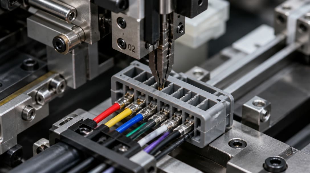 Close-up of automated crimping machine inserting terminals into a wire harness connector