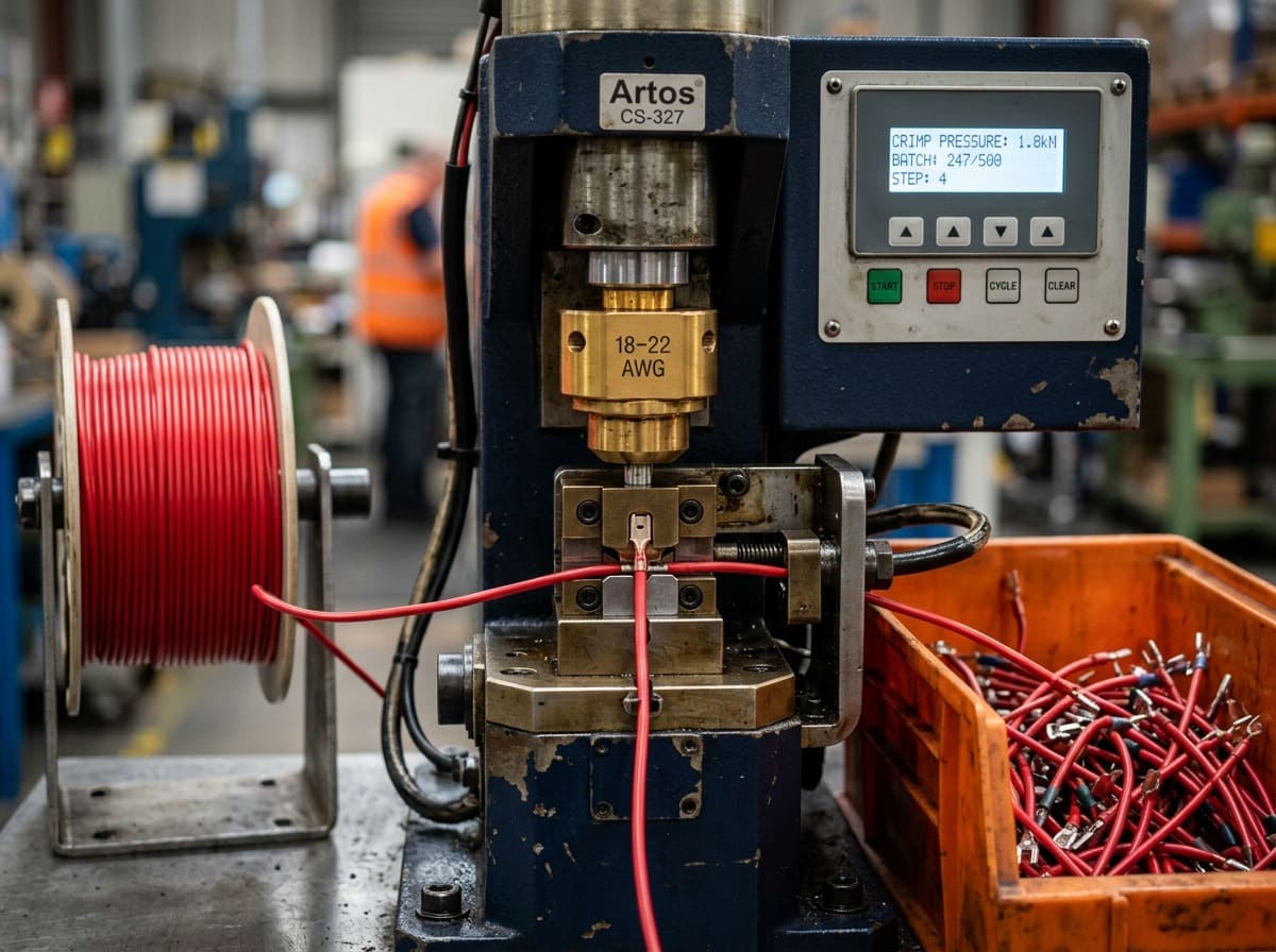 Close up of automated wire cutting and terminal crimping machine in operation