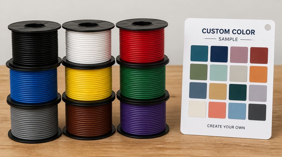 Collection of wire spools in standard colors next to a custom color sample card