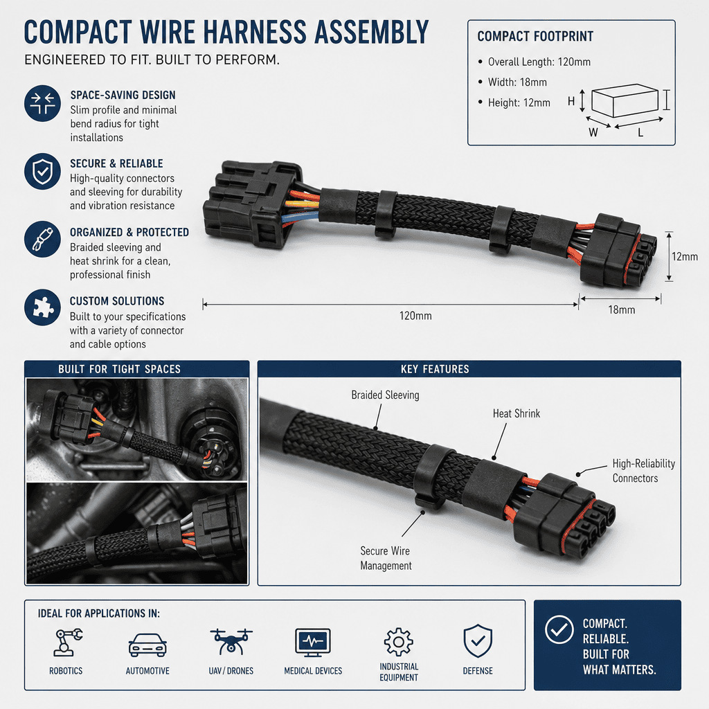 Wire harness designed for space-constrained product interiors Compact wire harness assembly fitting in tight spaces