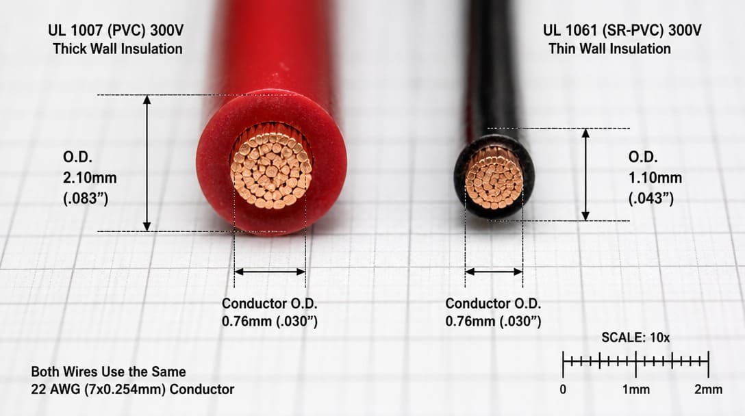Comparing two wire samples with same AWG but different insulation thickness, voltage and temperature ratings for risk review