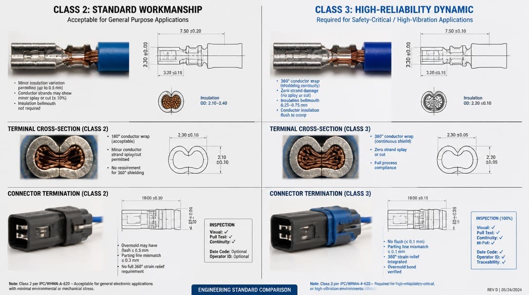Comparison chart of IPC/WHMA-A-620 Class 2 and Class 3 acceptance criteria for dynamic industrial applications