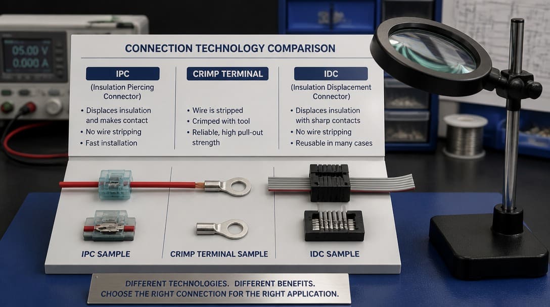Comparison display of IPC, crimp terminal, and IDC samples on a lab bench with magnifier