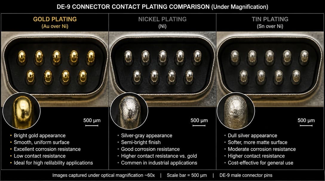 Comparison of DE 9 connector plating surfaces under magnification