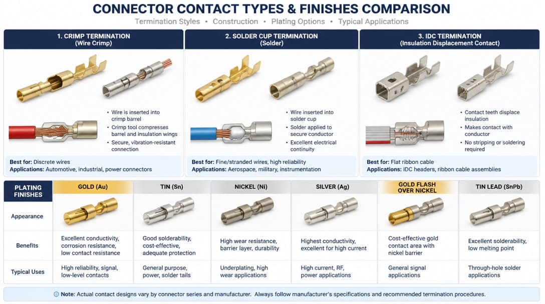 Comparison of connector contact types showing crimp, solder cup, and IDC termination styles with different plating finishes