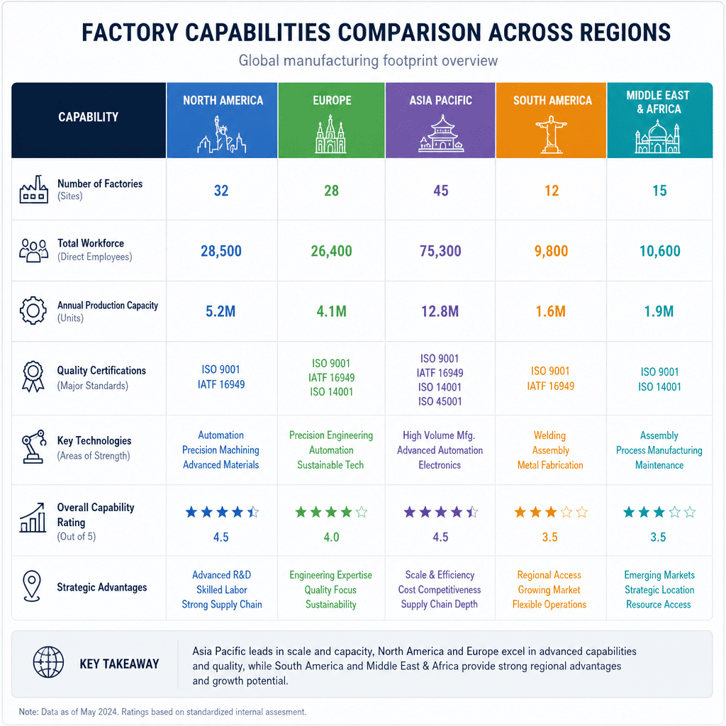 Regional supplier comparison chart Comparison of factory capabilities across regions