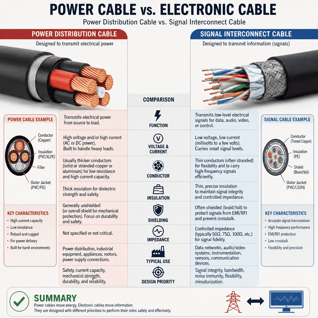 Power distribution cable versus signal interconnect cable Comparison of power cable and electronic cable