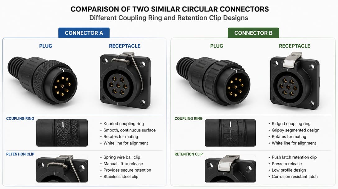 Comparison of two similar circular connectors with different coupling ring and retention clip designs