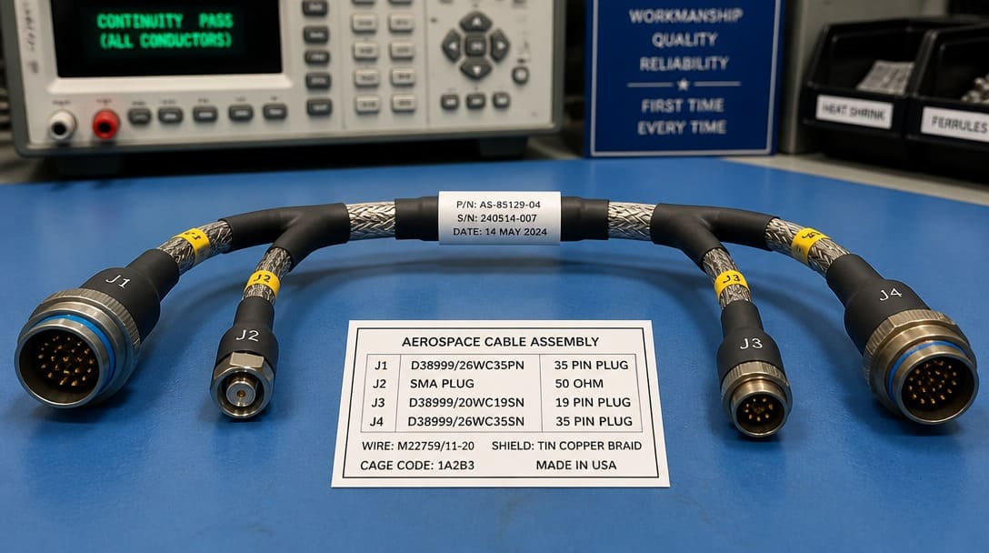 Completed aerospace cable assembly with labelled connectors, braided shielding, and heat-shrink boots on a test bench