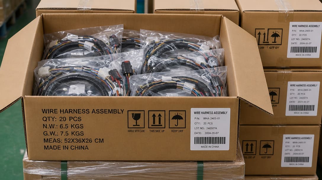 Completed wire harness assemblies in protective polybags inside export-ready cartons with labeling