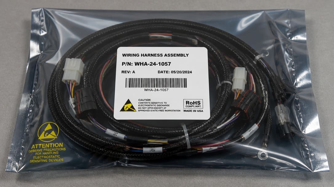 Completed wiring harness coiled and packaged in anti-static material with identification label visible
