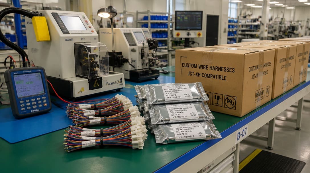 Connector batch prepared for export packaging with label verification and protective carton lining