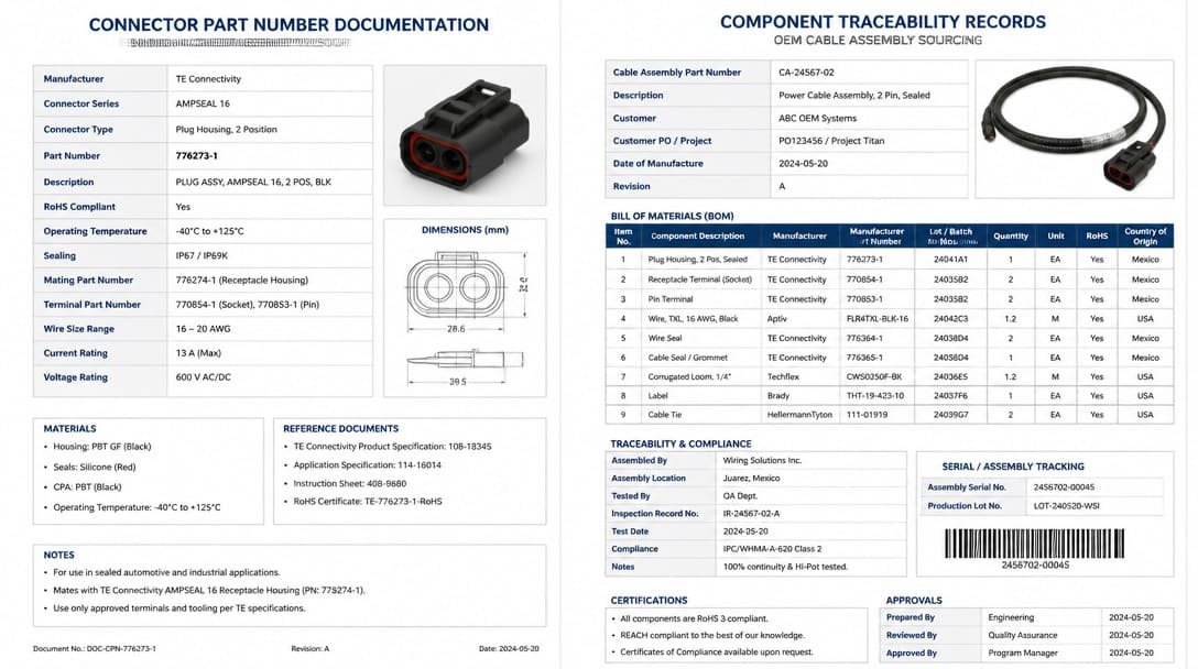 Connector part number documentation and component traceability records for OEM cable assembly sourcing