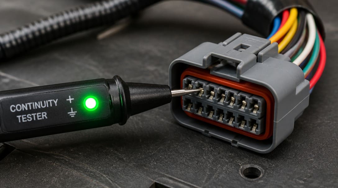 Continuity tester probe touching a multi-pin connector, showing a green light