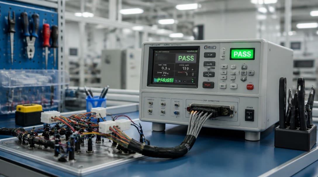 Continuity tester with green pass indicator on a cable assembly workbench
