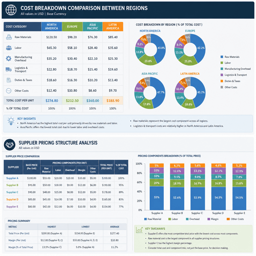 Supplier pricing structure analysis Cost breakdown comparison between regions